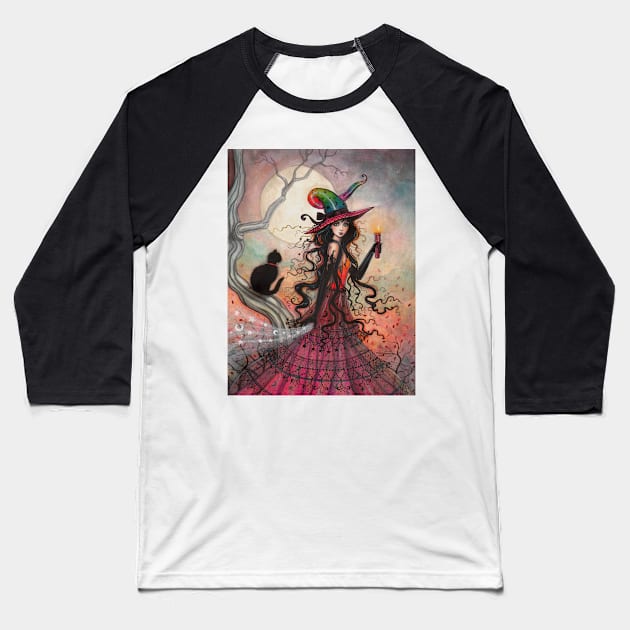 October Flame Witch Cat Halloween Fantasy Art Baseball T-Shirt by robmolily